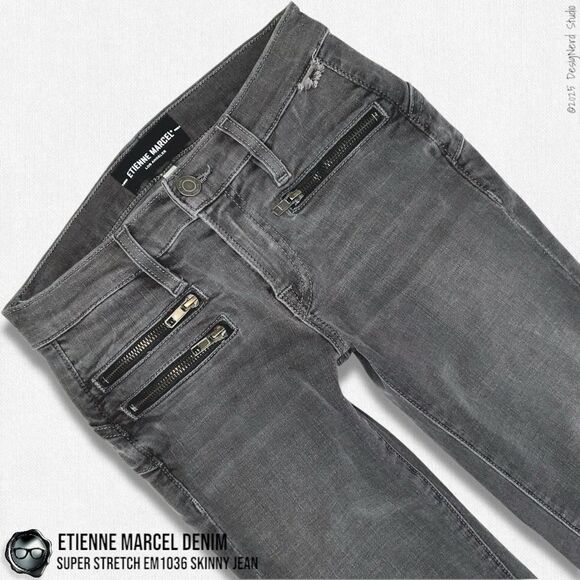 ETIENNE MARCEL DENIM SUPER STRETCH SKINNY MULTI ZIP JEANS EM1036 IN GREY SIZE 24 - Picture 4 of 16